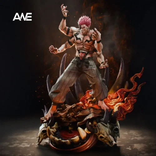 "Dynamic Jujutsu Kaisen Sukuna ANE Studio resin statue close-ups. Malevolent Shrine effects, exquisite dual head sculpts. Ultra-limited."