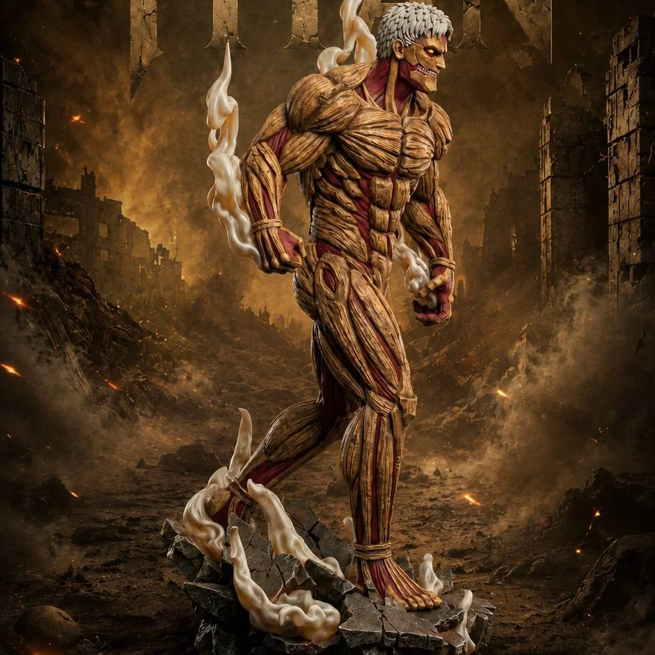 "Armored Titan LED statue, VK Studio limited edition. Gallery displays colossal, battle-ready details and glowing LED amid urban destruction."