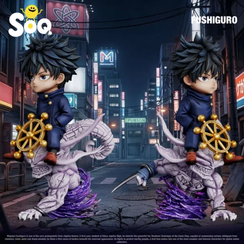 "Charming Q-Version Megumi Fushiguro Jujutsu Kaisen resin statue by SOQ Studio, showing various playful angles and sculpted details."
