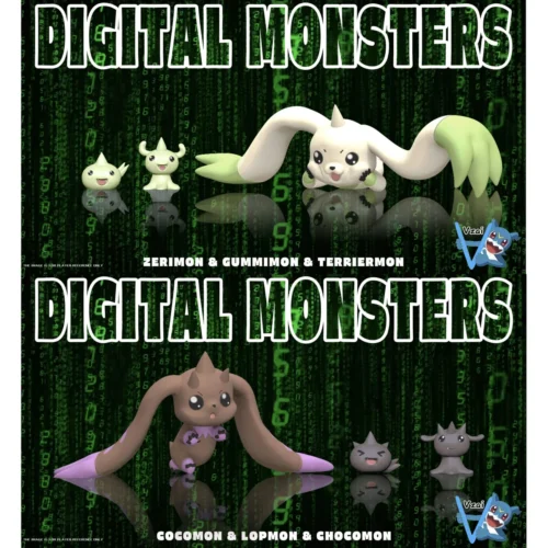 "Dynamic Vzai Studio Digimon Tamers statue set showcasing Terriermon and Lopmon's complete evolution figures in vibrant, detailed poses."
