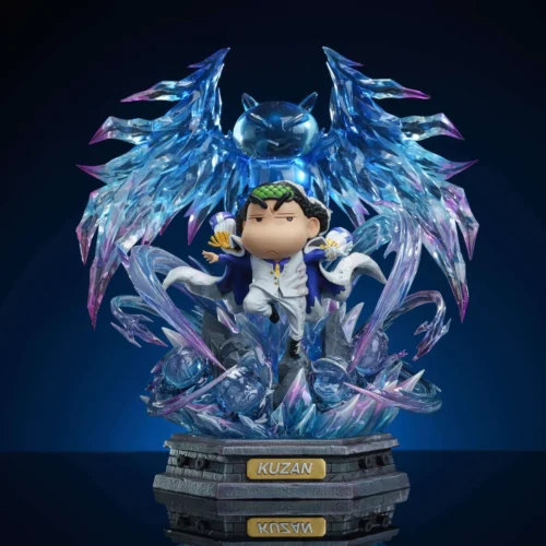 "Adorable chibi Crayon Shin-chan as One Piece's Aokiji figure, an exclusive crossover statue with dynamic ice effects."