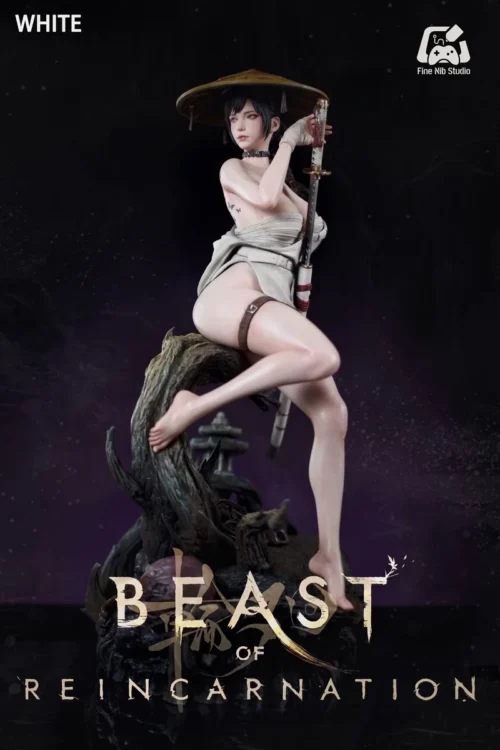 "Emma Reincarnation 1/4 scale original statue by Fine Nib Studio. See the dynamic dark fantasy warrior's intricate weapon, flowing attire."