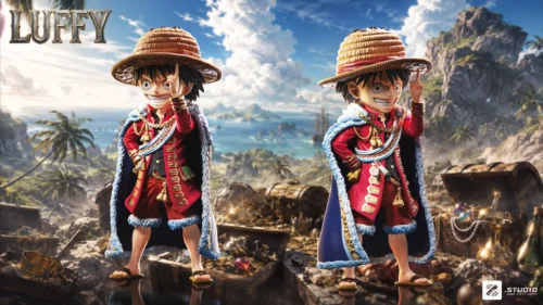 "Dynamic chibi One Piece Luffy figure celebrating six billion bounty with iconic newspaper. Features premium PU and replaceable head."