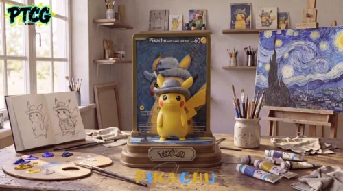 "Limited edition Van Gogh Pikachu Pokemon statue by Moka Studio, showcasing its unique Starry Night art style as a premium collectible."