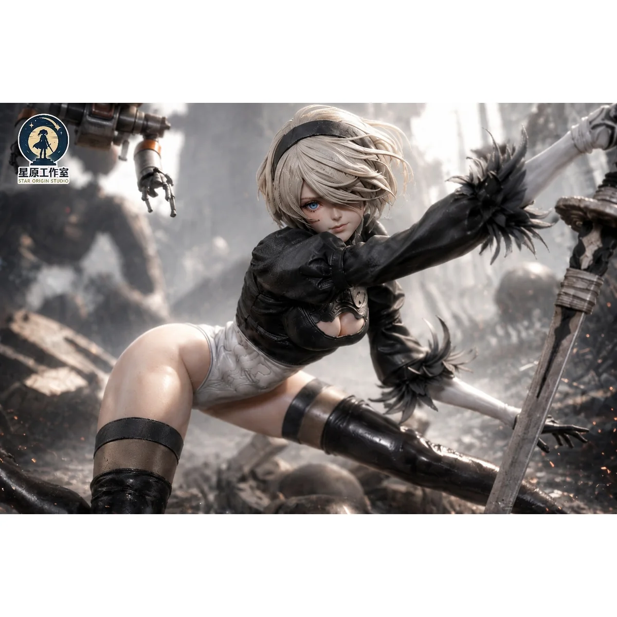 "Limited Edition 1/6 & 1/4 2B Nier Automata Resin Statue by Star Origin Studio, showcasing dynamic combat pose and intricate sculpt details."