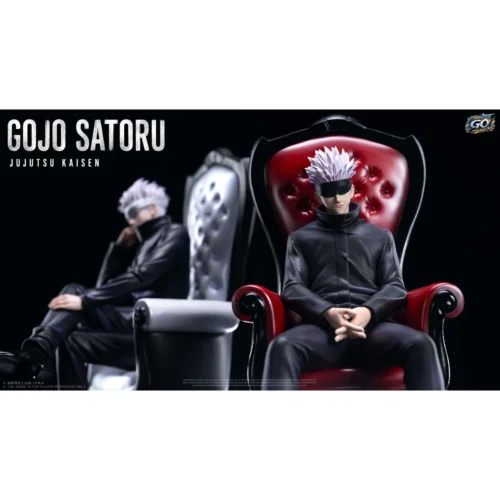 "Limited edition Satoru Gojo Red Chair Jujutsu Kaisen figure. Gallery views highlight Gojo's confident pose, the striking red chair."