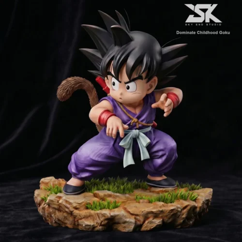"Dynamic Young Goku Dragon Ball resin statue by Sky End Studio, showcasing its iconic starting stance and intricate sculpted details from multiple."