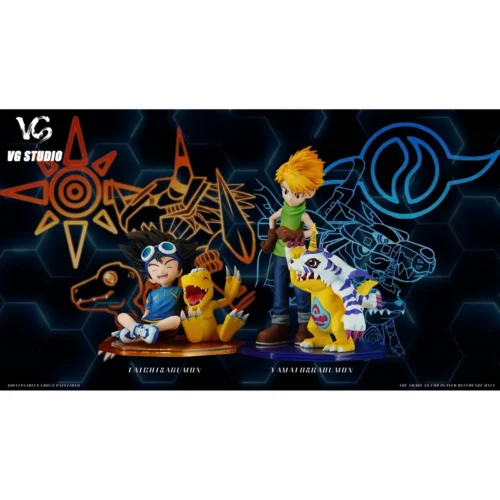 "Limited Edition Digimon Adventure statue featuring Taichi Yagami & Agumon, and Yamato Ishida & Gabumon in vibrant, dynamic action poses."