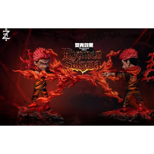 "Detailed views of the Z.Studio Jujutsu Kaisen Sukuna statue, capturing dynamic pose, glowing fire bow, and intricate LED-lit lava base."