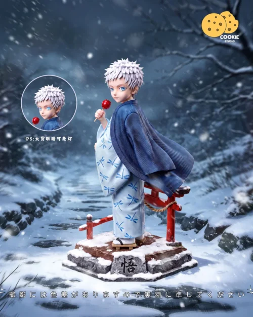 "Premium Limited Edition Childhood Gojo Satoru Jujutsu Kaisen resin statue showcasing iconic light-up eyes in a serene snowy landscape."