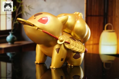 "Adorable Lucky Cat Bulbasaur resin piggy bank statue, vibrant green, playfully waving its lucky paw, a charming Pokémon money saver."
