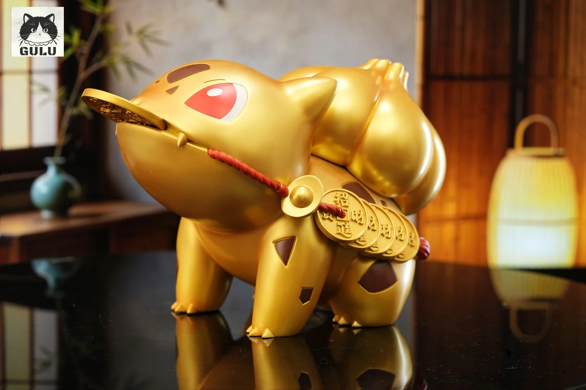 "Adorable Lucky Cat Bulbasaur resin piggy bank statue, vibrant green, playfully waving its lucky paw, a charming Pokémon money saver."