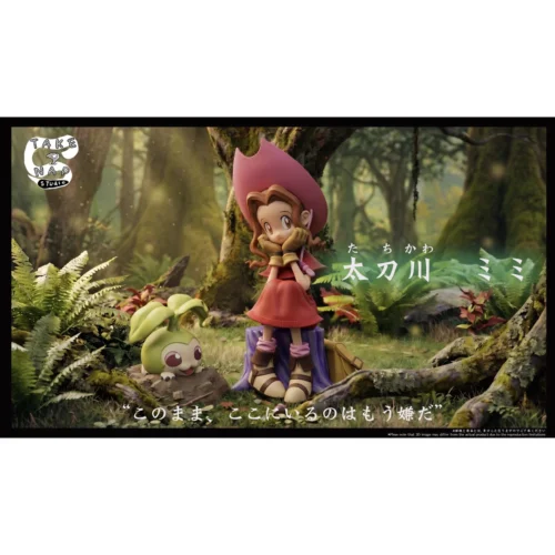 "Limited edition Digimon Adventure chibi figures of Mimi and Koushiro napping. Detailed resin statue showing playful elements from various angles."