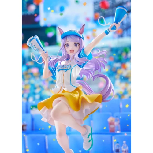 "Dynamic 1/7 scale Mejiro McQueen Uma Musume figure gallery, highlighting her vibrant airborne pose, energetic expression, and detailed sculpt."