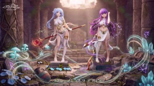 "Exquisite Frieren & Fern statue with dynamic poses, ethereal effects, and intricate details from Frieren: Beyond Journey's End."