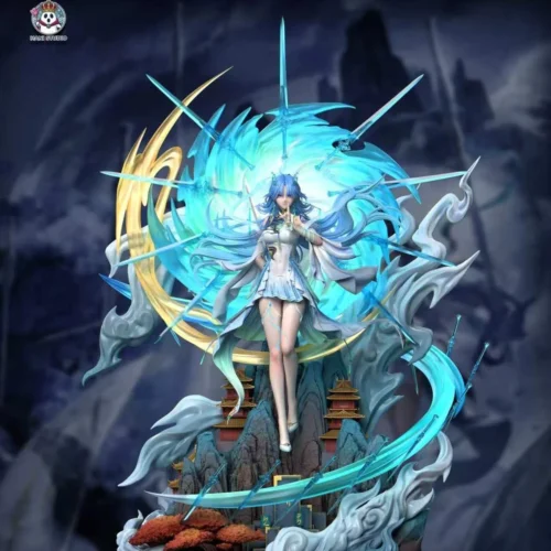 "Ethereal 1/6 Serene Female Sword Immortal Qingxiao statue by Hani Studio, showcasing stunning full LED light-up base and dynamic sword aura."