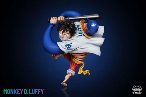 "Dynamic Monkey D. Luffy One Piece figure by YZ Studio, striking a playful baseball pose in his vibrant uniform. An exclusive, action-packed collectib