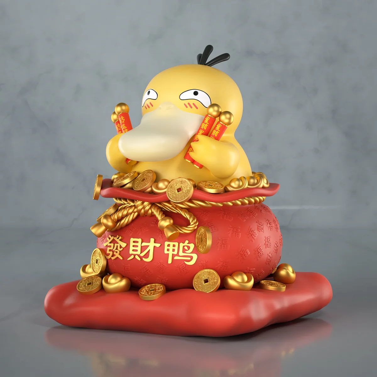 "Fortune Psyduck Pokémon resin statue by MMLAND Studio. Adorable Psyduck with lucky bag, detailed from a fresh angle, symbolizing prosperity."