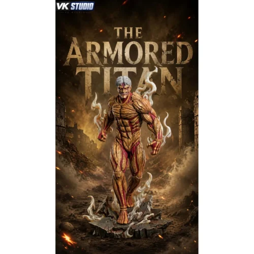 "Ultra-limited edition Armored Titan Attack on Titan statue, powerfully illuminated by LEDs amidst urban destruction. A colossal collectible."