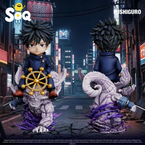"Charming Q-Version Megumi Fushiguro Jujutsu Kaisen resin statue from SOQ Studio, featuring a playful, relaxed sitting pose ideal for desktop display."