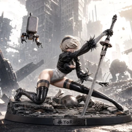 "Limited Edition 2B Nier Automata resin statue by Star Origin Studio, showcasing her elegant combat prowess in a dynamic post-apocalyptic battle scene."