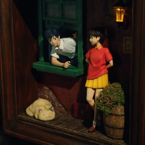 "Close-up of Shizuku and Seiji, showcasing intricate sculpting details of their youthful romance within the LED light-up, wall-mounted."