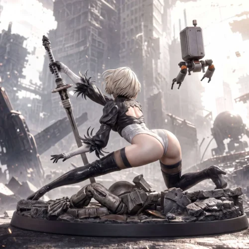 "Limited Edition 2B Nier Automata Resin Statue by Star Origin Studio, showcasing dynamic combat poses and intricate details from various angles in its."