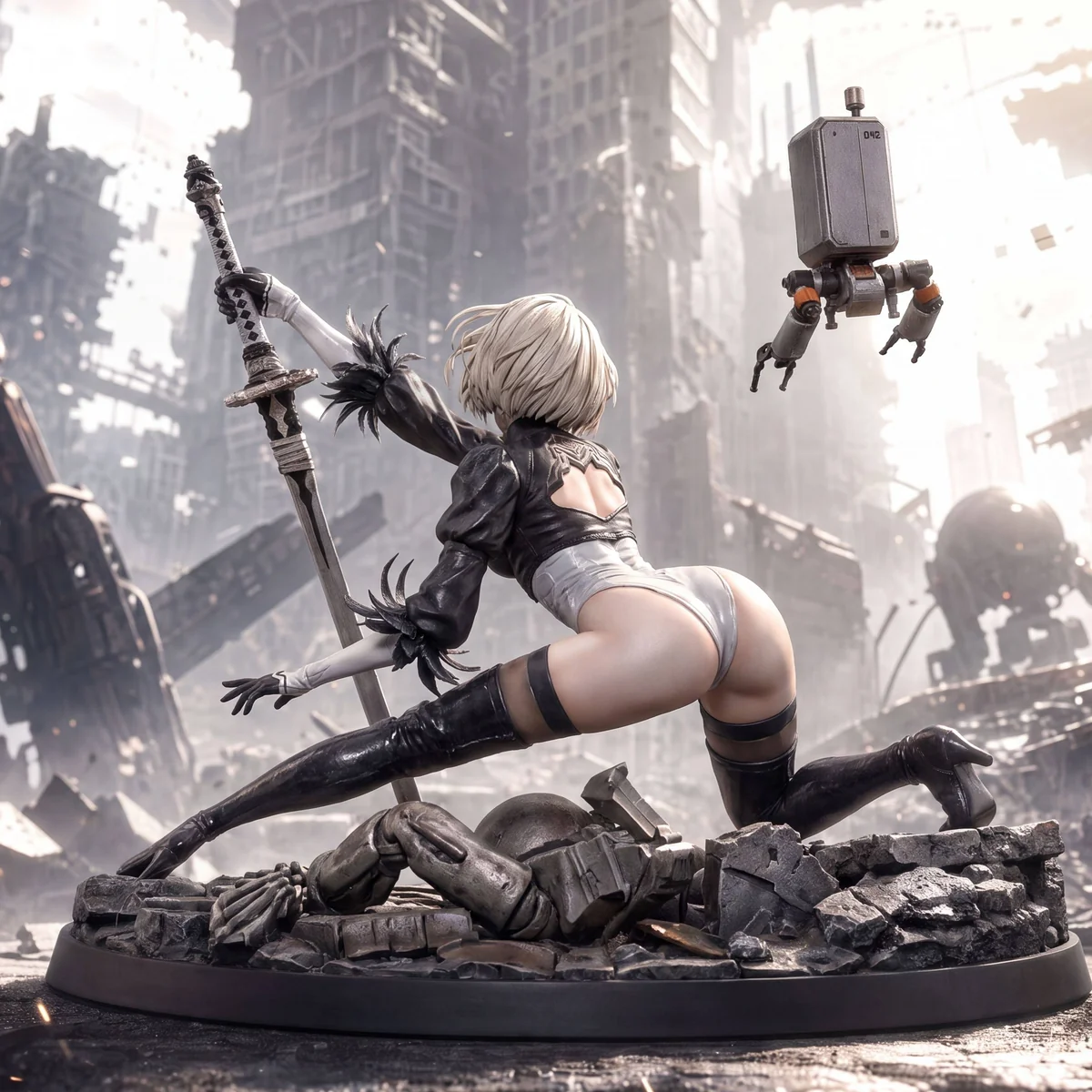 "Limited Edition 2B Nier Automata Resin Statue by Star Origin Studio, showcasing dynamic combat poses and intricate details from various angles in its."