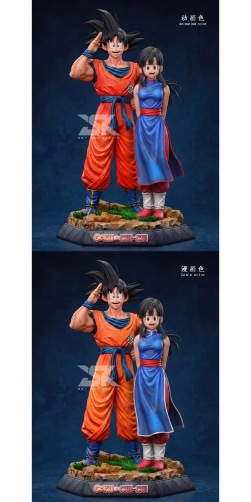 "Exclusive Dragon Ball Young Goku and Chi-Chi couple resin statue capturing their playful innocence and budding affection."