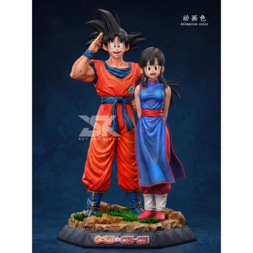 "Dynamic Young Goku & Chi-Chi Dragon Ball resin statue from Sky End Studio, showcasing intricate details and the exclusive couple's playful innocence."