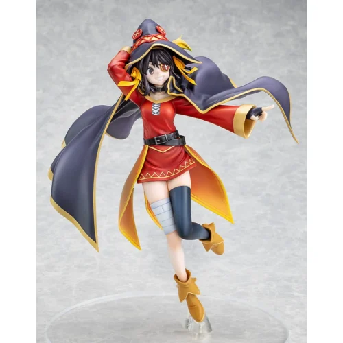"Detailed shot of the playful 1/7 Megumin Haruhi crossover figure, highlighting her vibrant Haruhi Suzumiya uniform and dynamic pose."
