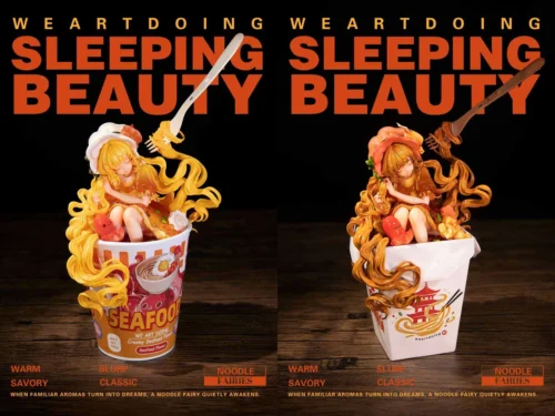 "Vibrant limited edition WeArtDoing Cup Noodle Girl and Fried Noodle Girl original anime resin figures playfully interacting with giant noodle dishes."