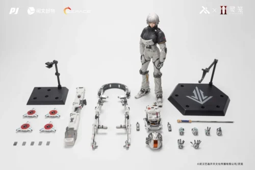 "Stunning 1/6 scale Piji Studio Bai Yuekui action figure from Ling Cage, expertly posed in her sleek, highly articulated EVA combat suit with weaponry."