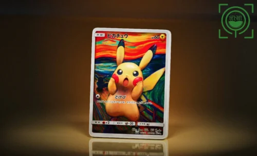 "Limited Edition Pikachu 'The Scream' Pokémon statue by GEISHA Studio, showcasing an artistic oil painting texture within a detailed card frame."