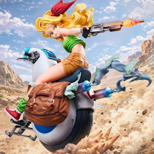 "Limited edition Dragon Ball Launch figure by ā Studio, capturing her dynamic dual-personality with blonde and blue hair atop a motorcycle."
