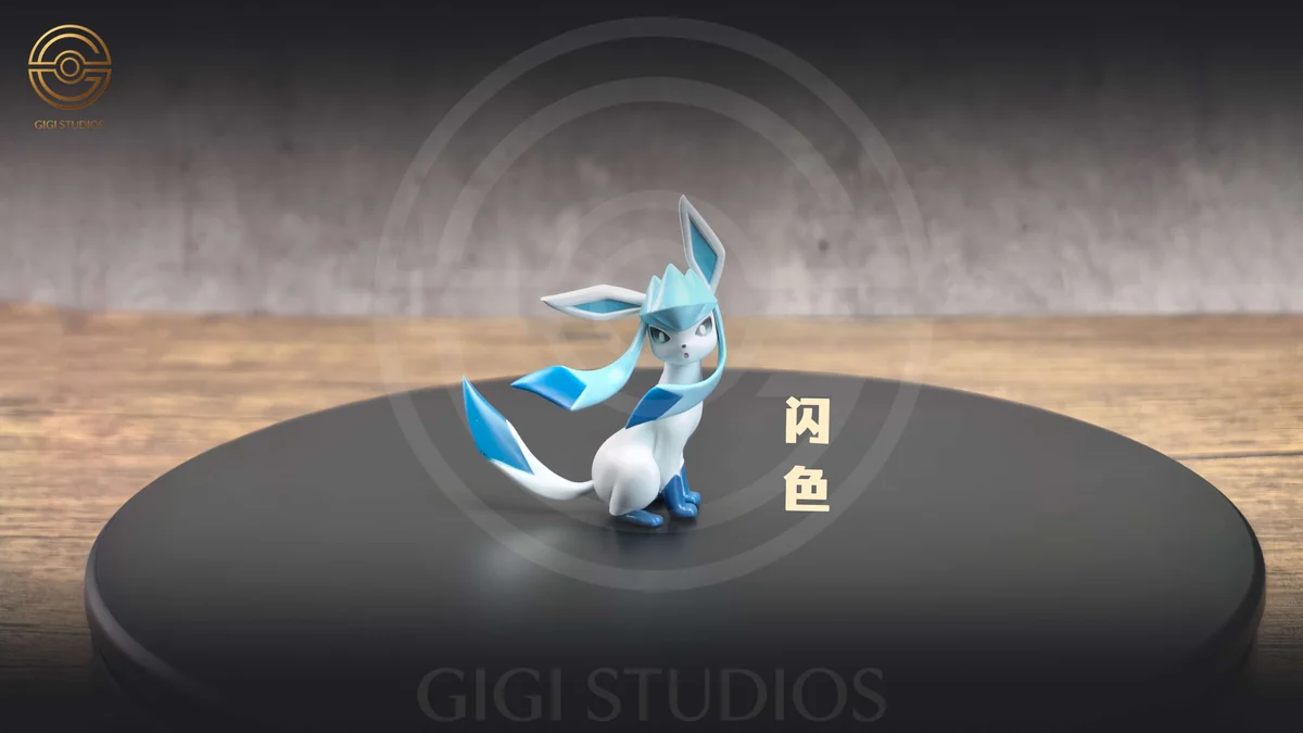 "Different angles of the exclusive GIGI Studio 1/20 Glaceon Pokemon statue, highlighting its dynamic pose, vibrant multi-color design."
