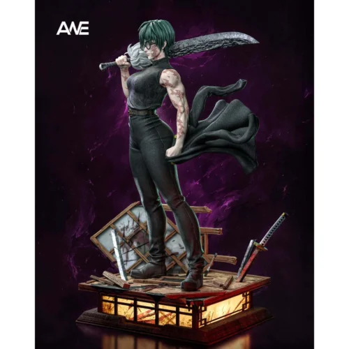 "Dynamic Zenin Maki resin statue, Jujutsu Kaisen. See fierce determination, intricate uniform, and powerful battle pose from various angles."