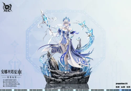 "Exquisite 1/6 scale Genshin Impact Tsaritsa resin statue, showcasing intricate frost details and majestic ice empress design from a sculpted angle."