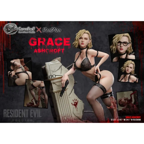 [ "Dynamic full view of the Limited Edition 1/4 Scale Resident Evil Grace Figure diorama, showing the heroine fighting a zombie in gritty ruins."