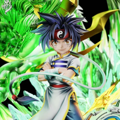 "Multiple views of the premium Beyblade Ray Kon figure by Lüeyǐng Studio, highlighting its dynamic pose, vibrant LED illumination, and intricate anime."