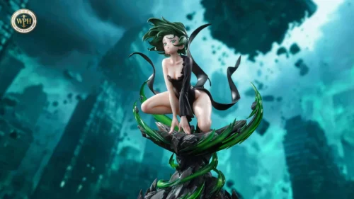 "Dynamic 1/5 Tatsumaki statue. She floats powerfully, unleashing overwhelming psychic green energy amidst a detailed destruction scene."