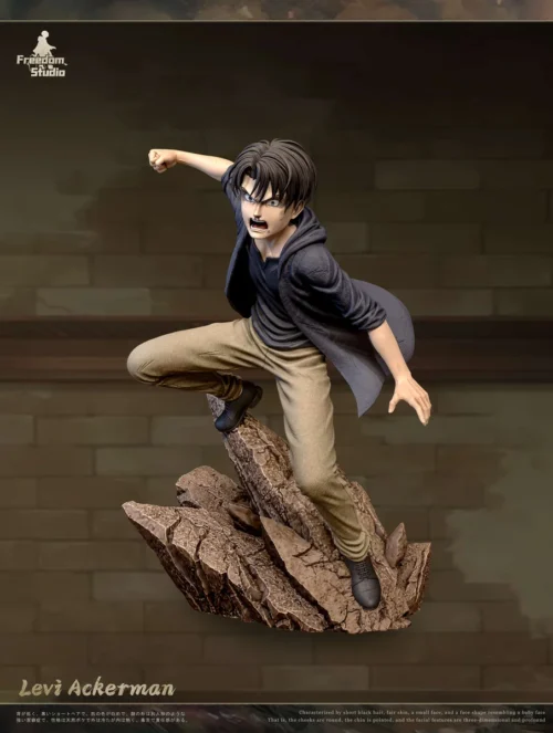 "Premium limited edition Young Levi Ackerman Attack on Titan polystone statue main image, depicting a somber, detailed narrative sculpture amidst."