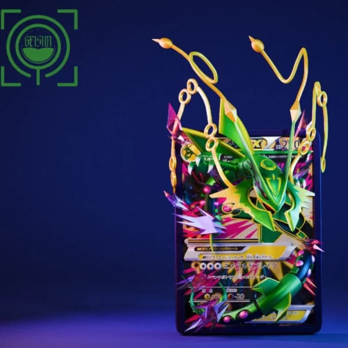 "GEISHA Studio's ultra-limited Mega Rayquaza EX Pokémon resin statue, presented from multiple premium angles, reveals its dynamic TCG card burst."