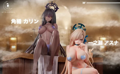 "Limited Edition 1/6 Asuna & Karin Sauna Resonance Blue Archive statue, an intricate Lingyue Studio diorama showcasing characters in a relaxed sauna."