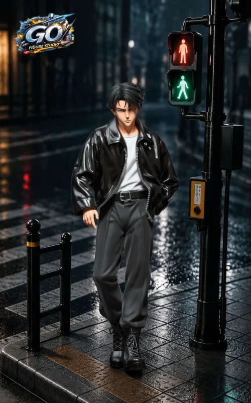 "Premium GO FIGURE STUDIO Levi Ackerman Attack on Titan resin statue, showcasing its high-quality resin, stylish trench coat, and removable glasses."