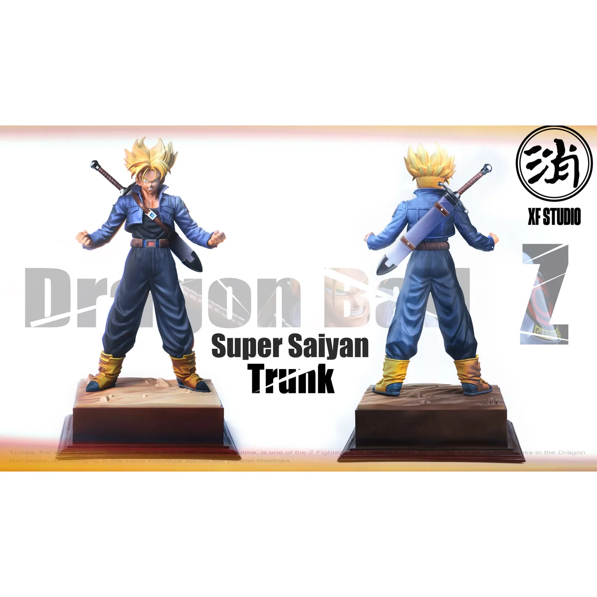 "XF STUDIO Limited Edition Super Saiyan Trunks Dragon Ball statue, multiple angles showcasing dynamic action and exquisite sculpted details."