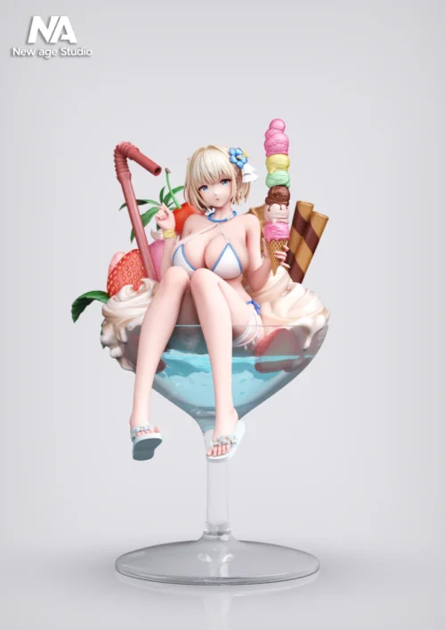 "First look: Ultra-limited 1/6 Yustia Ice Cream Cup Ver. Brown Dust 2 statue in a vibrant, decadent dessert fantasy display. Premium collectible."