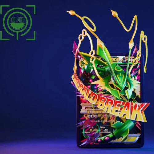 "Dynamic Mega Rayquaza EX resin statue by GEISHA Studio, bursting dramatically from a premium Pokémon TCG card, highlighting its ultra-limited."