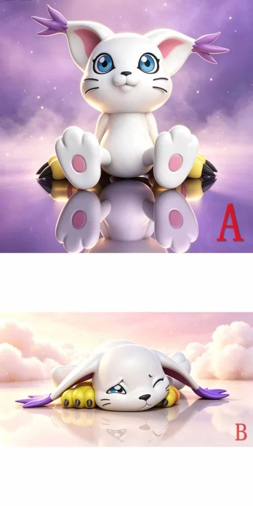 "Iconic Gatomon Digimon figure in two adorable, relaxed poses, exquisitely crafted with premium PU."