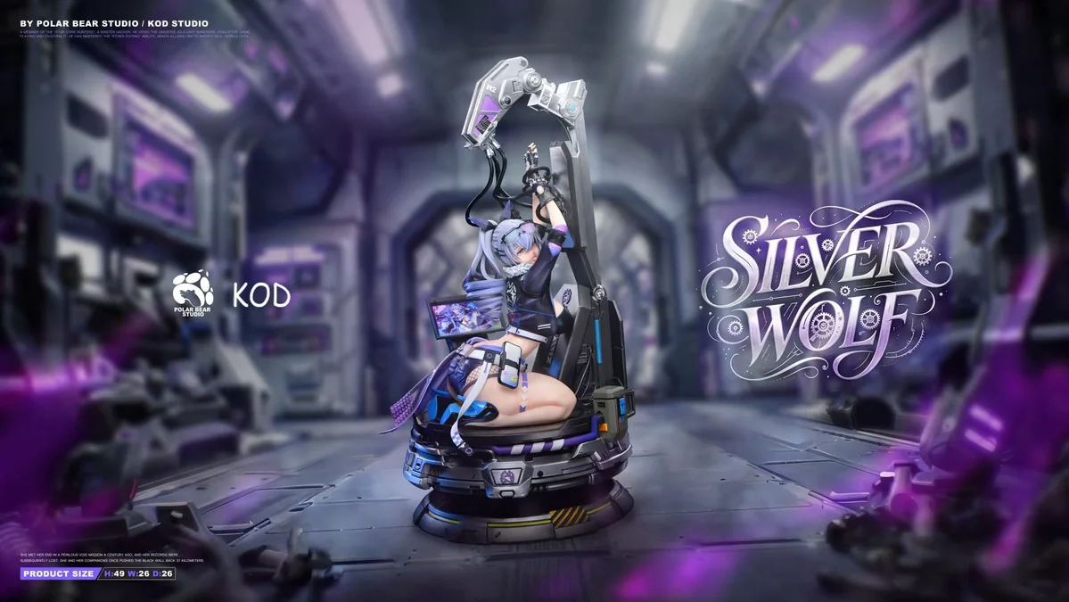 "1/4 Silver Wolf Honkai: Star Rail Resin Statue, displaying its dynamic pose, exquisite metallic finish, and intricate cybernetic details from various."
